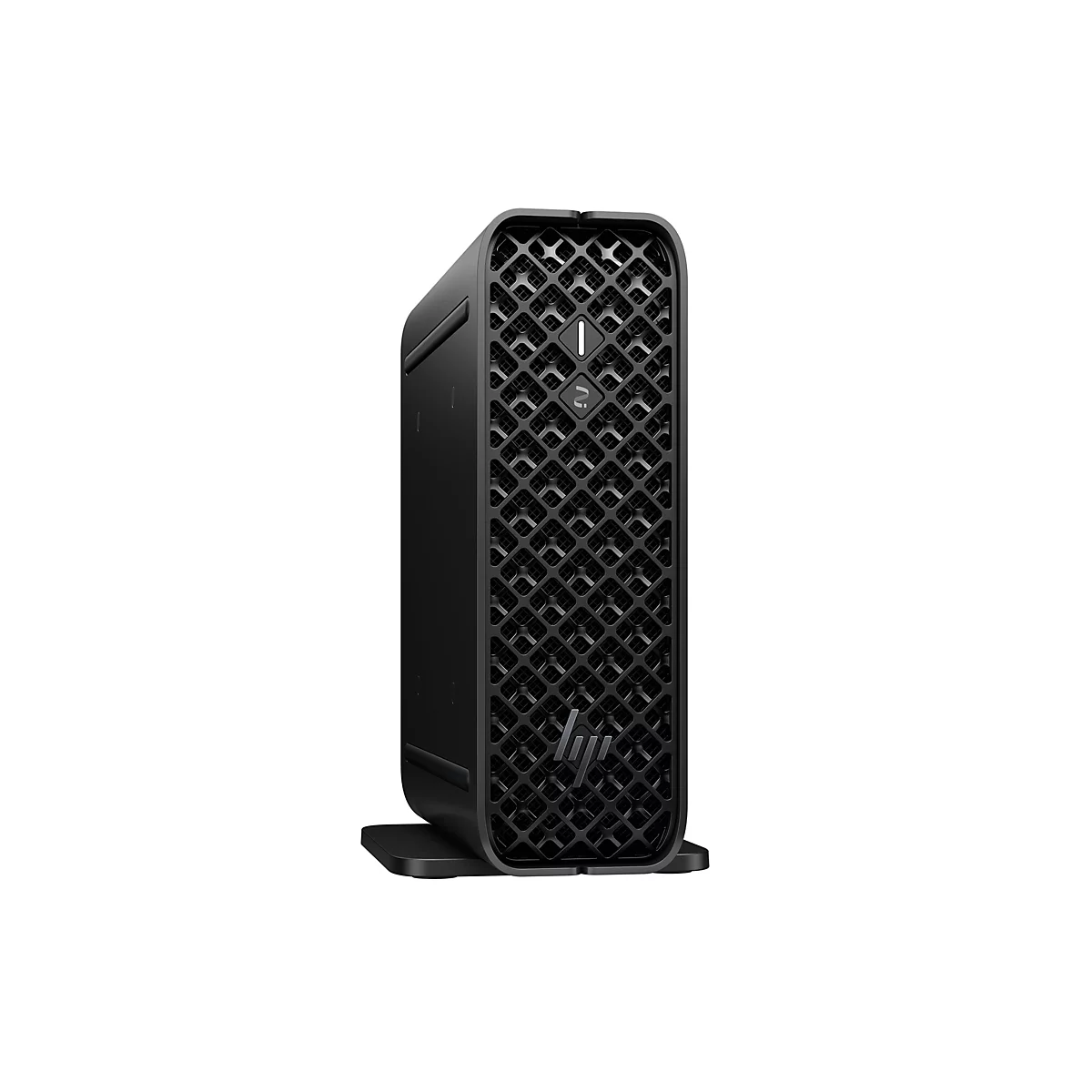 Schwarzer HP Mini-PC aufrecht vor weißem Hintergrund. Geätzte Oberfläche mit HP-Logo und Lüftungsgittern.