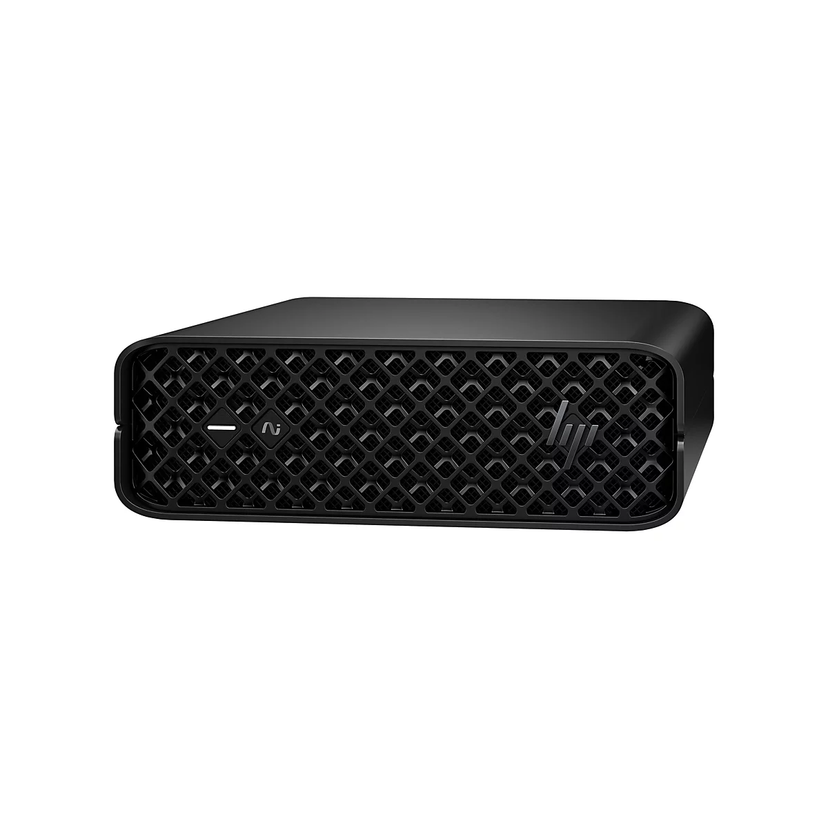 Schwarzer, quaderförmiger PC. Die Front ziert ein Gittermuster und das HP Logo.