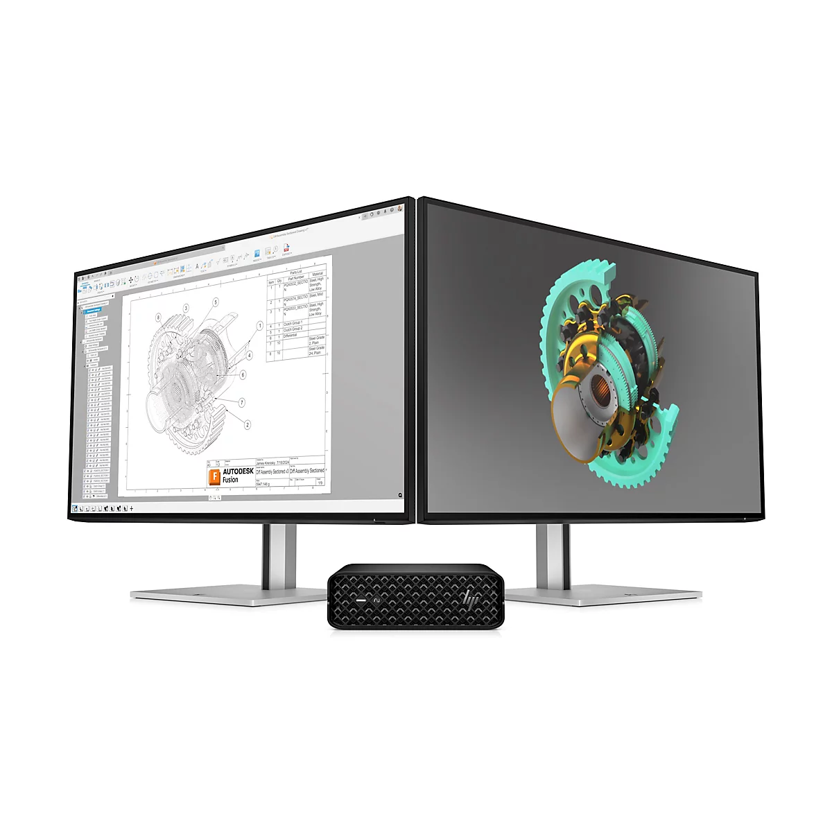 Zwei Monitore zeigen ein 3D-Modell und eine technische Zeichnung. Unten steht ein schwarzer Desktop-PC.
