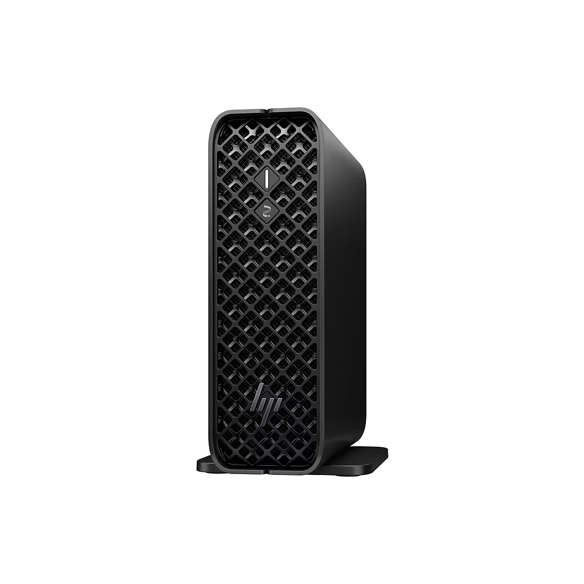 Ein schwarzer Desktop-PC mit Lochmusterung, der aufrecht steht. Am unteren Rand das HP Logo.