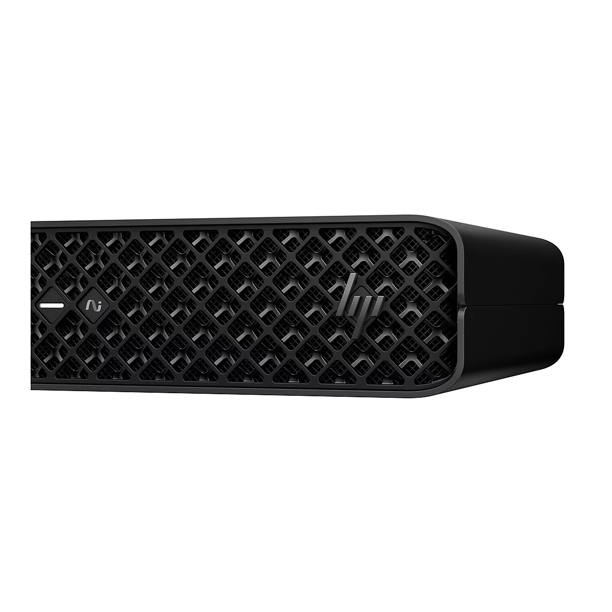 Schwarzer PC mit wabenförmigem Gitter und HP-Logo. Links ein Ein/Aus-Schalter.