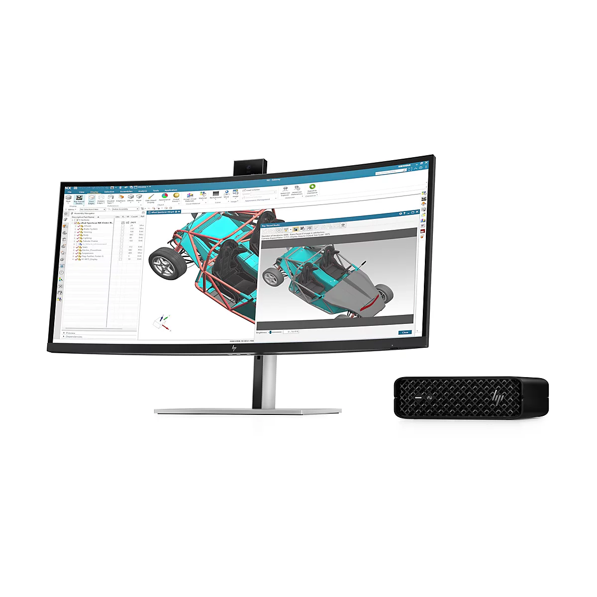 Ein Computerbildschirm zeigt eine 3D-Modellierung eines Fahrzeugs. Davor stehen ein Monitor und ein schwarzer Computer.