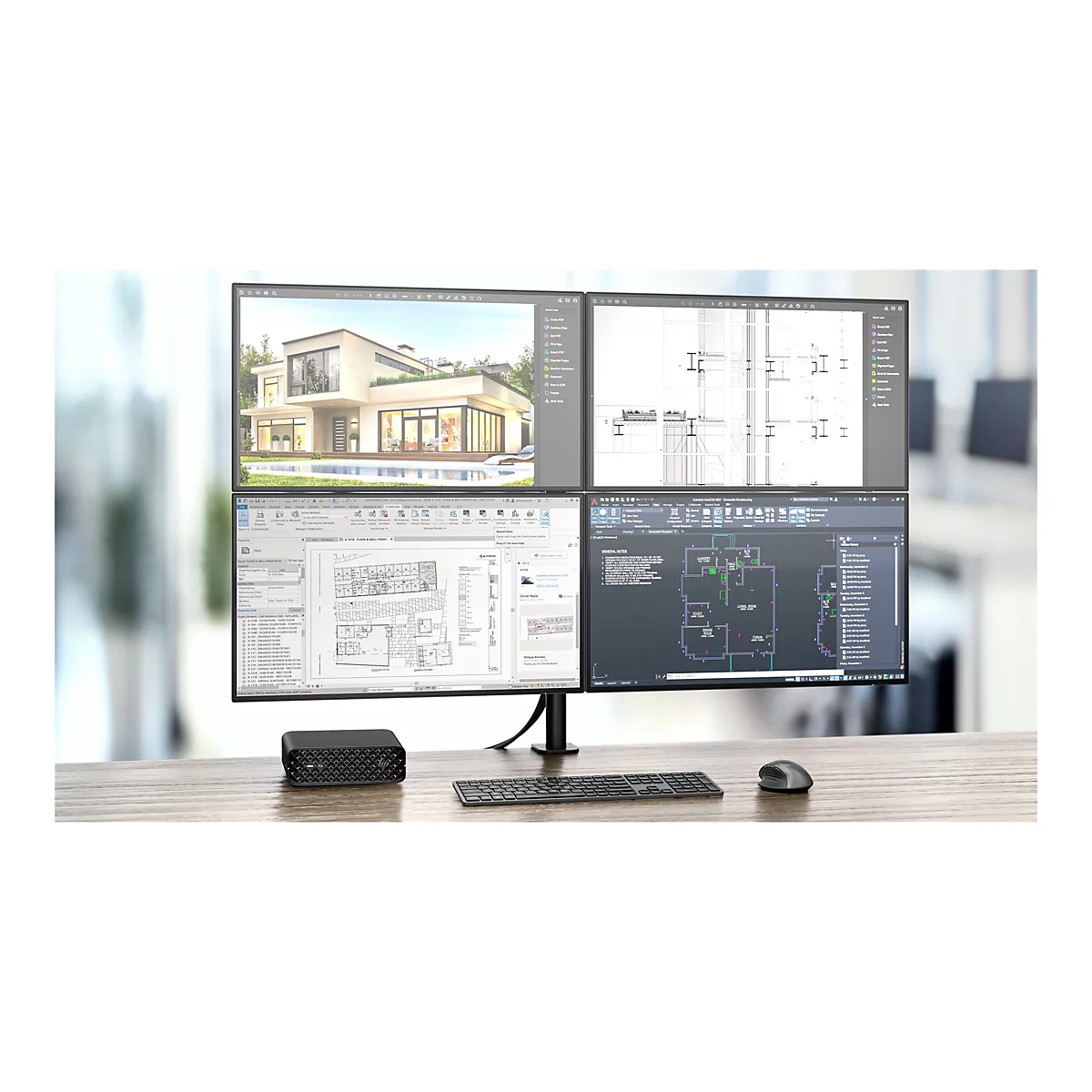 Ein Computerbildschirm mit vier Fenstern. Oben links ist ein Haus zu sehen, rechts oben ein Bauplan, unten links ein Architekturplan, und unten rechts ein weiterer Plan.