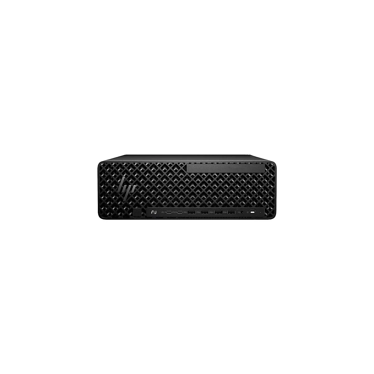 Schwarzer Desktop-PC mit HP-Logo. Auf der Frontseite sind Anschlüsse und Lüftungsschlitze zu sehen.