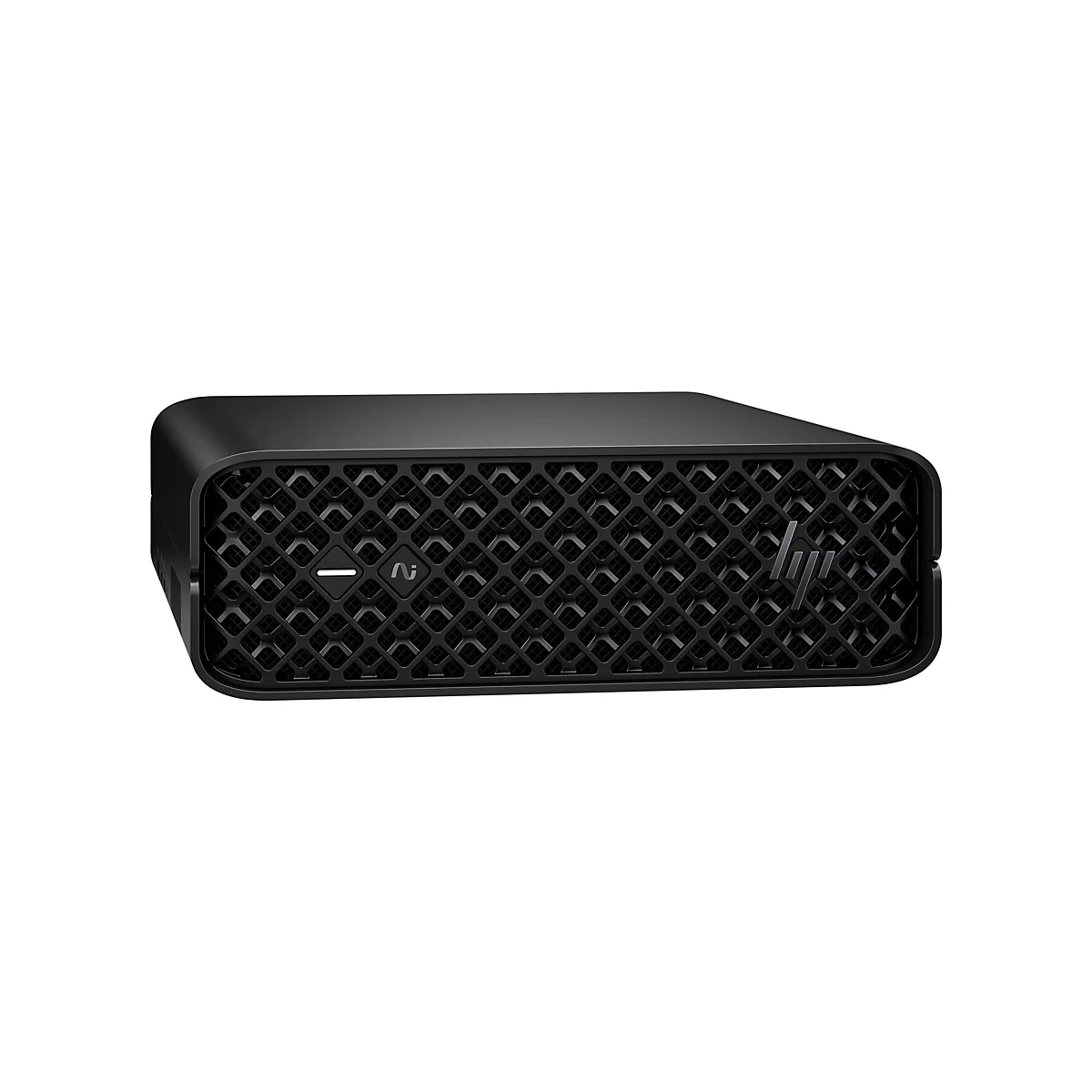 Schwarzer Mini-PC mit Gittermuster und Logo, auf weißem Hintergrund.
