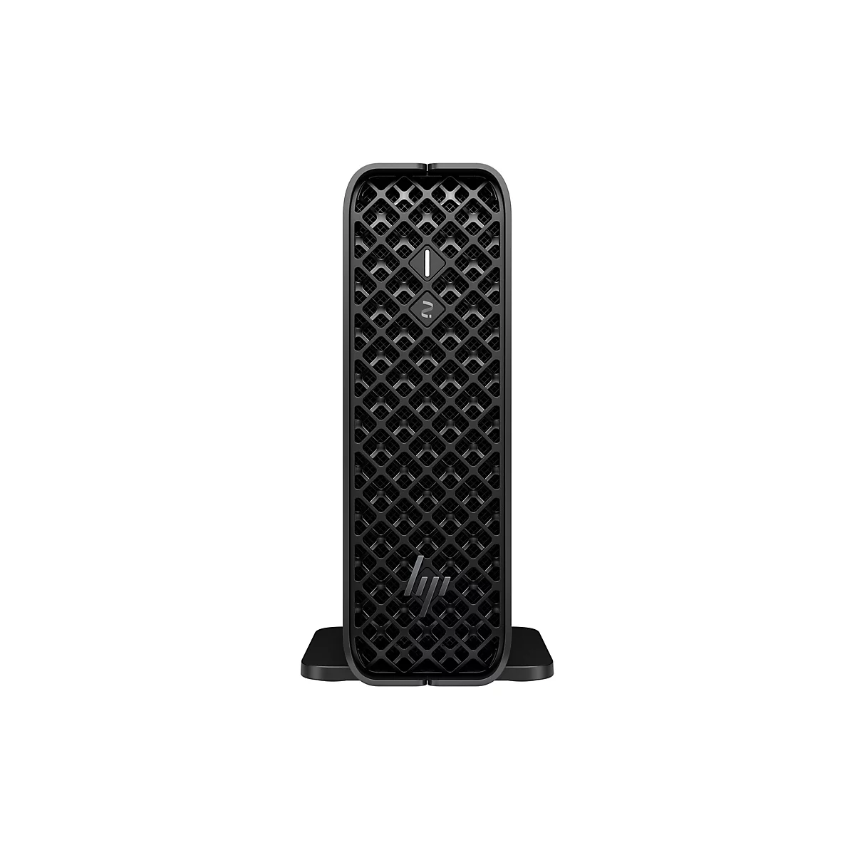 Schwarzer Desktop-PC mit wabenförmiger Front und HP-Logo.