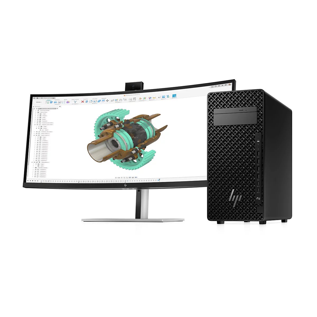Ein schwarzer PC und ein gebogener Monitor zeigen ein 3D-Modell. Auf dem Monitor ist ein technisches Bauteil in Türkis und Bronze dargestellt. Der PC hat das HP Logo.