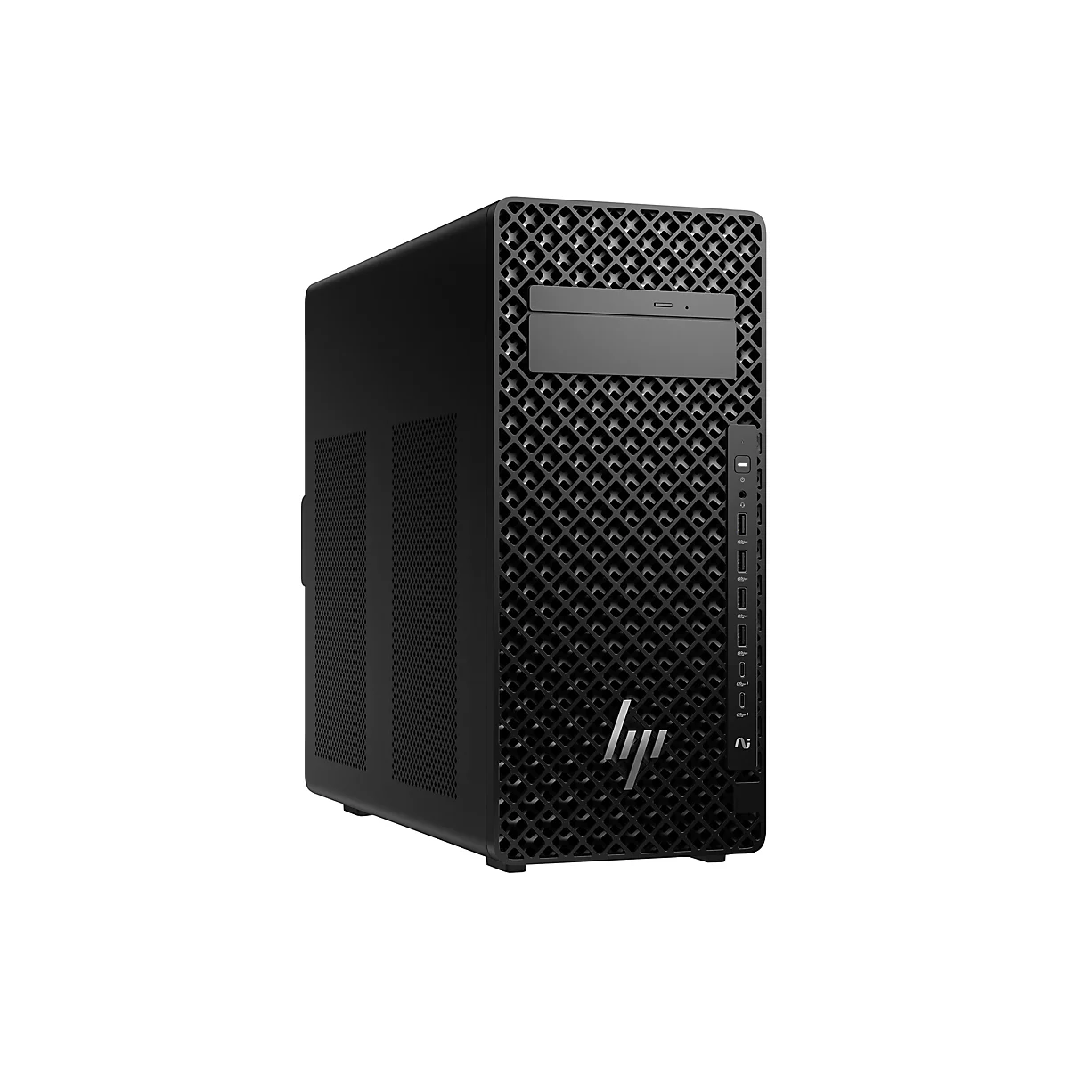 Schwarzer Computer-Tower mit Lochmuster, HP-Logo. Seitlich USB-Anschlüsse und Ein-/Ausschalter.