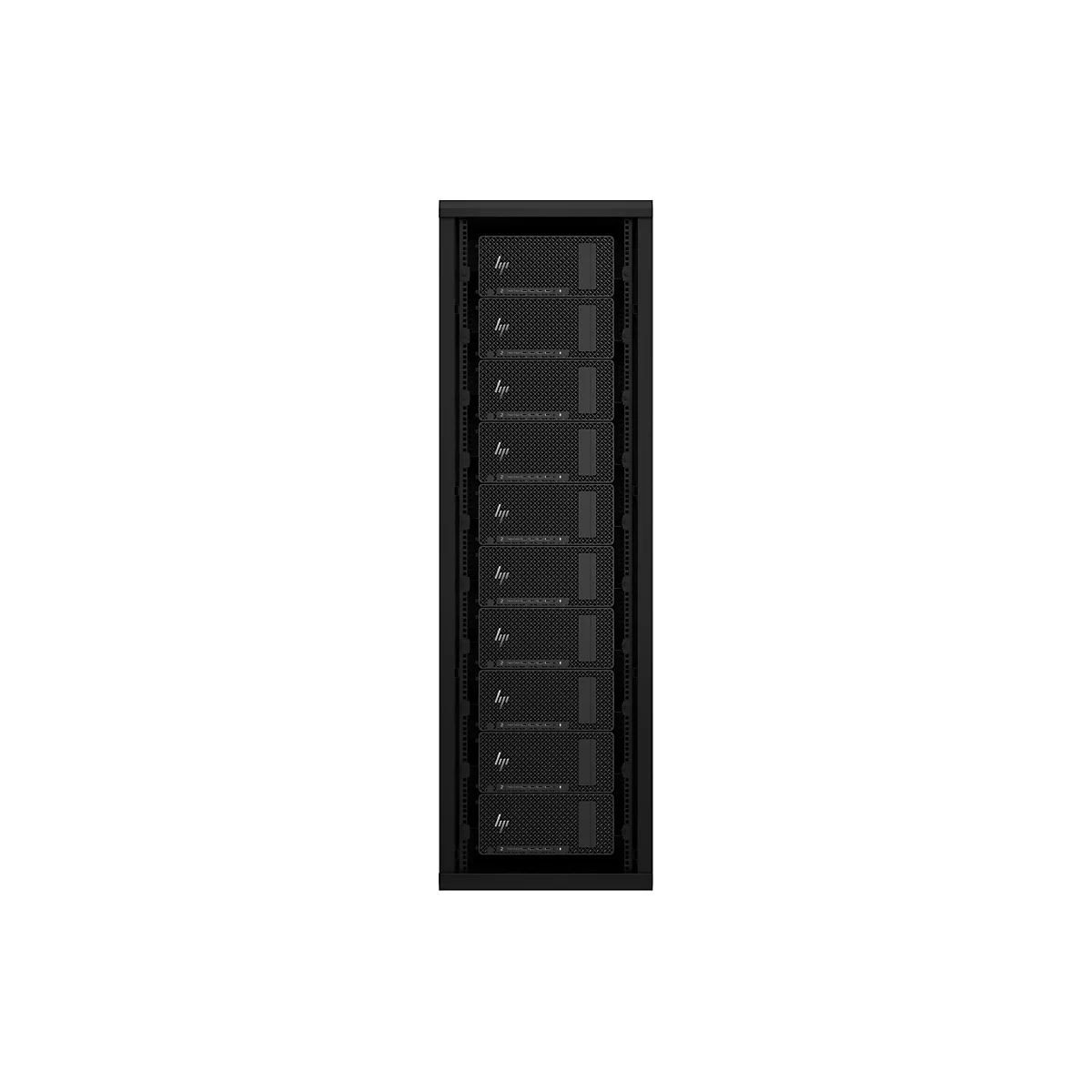 Schwarzer Serverschrank mit mehreren Servern, HP-Logo auf jedem. Der Schrank steht aufrecht und nimmt den größten Teil des Bildes ein.