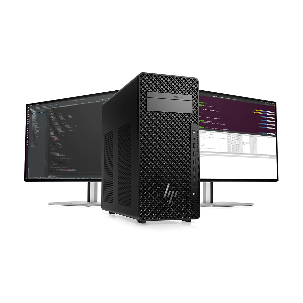 Schwarzer PC-Tower mit zwei Monitoren. Auf den Bildschirmen ist Programmiercode zu sehen.