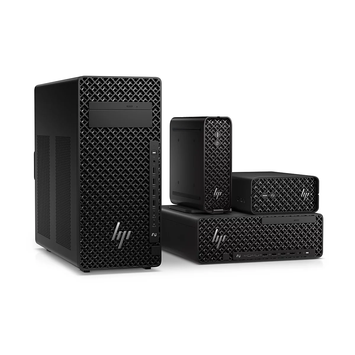 Verschiedene schwarze HP Workstations: eine große Tower-Workstation, eine kleinere Desktop-Workstation und zwei Mini-Workstations.