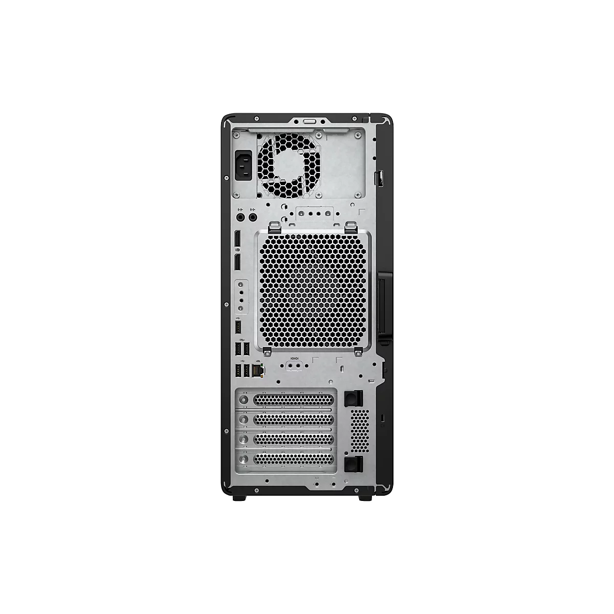Rückansicht eines schwarzen Desktop-Computers mit Lüfter, Anschlüssen und Lüftungsöffnungen.
