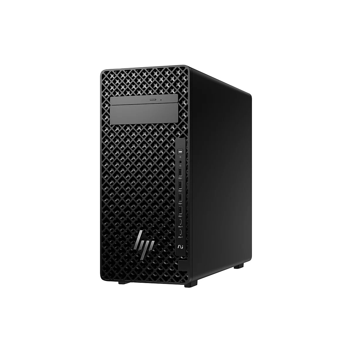 Ein schwarzer PC-Tower auf weißem Hintergrund. Der Tower hat ein Gittermuster an der Front und oben mittig das Logo von HP.