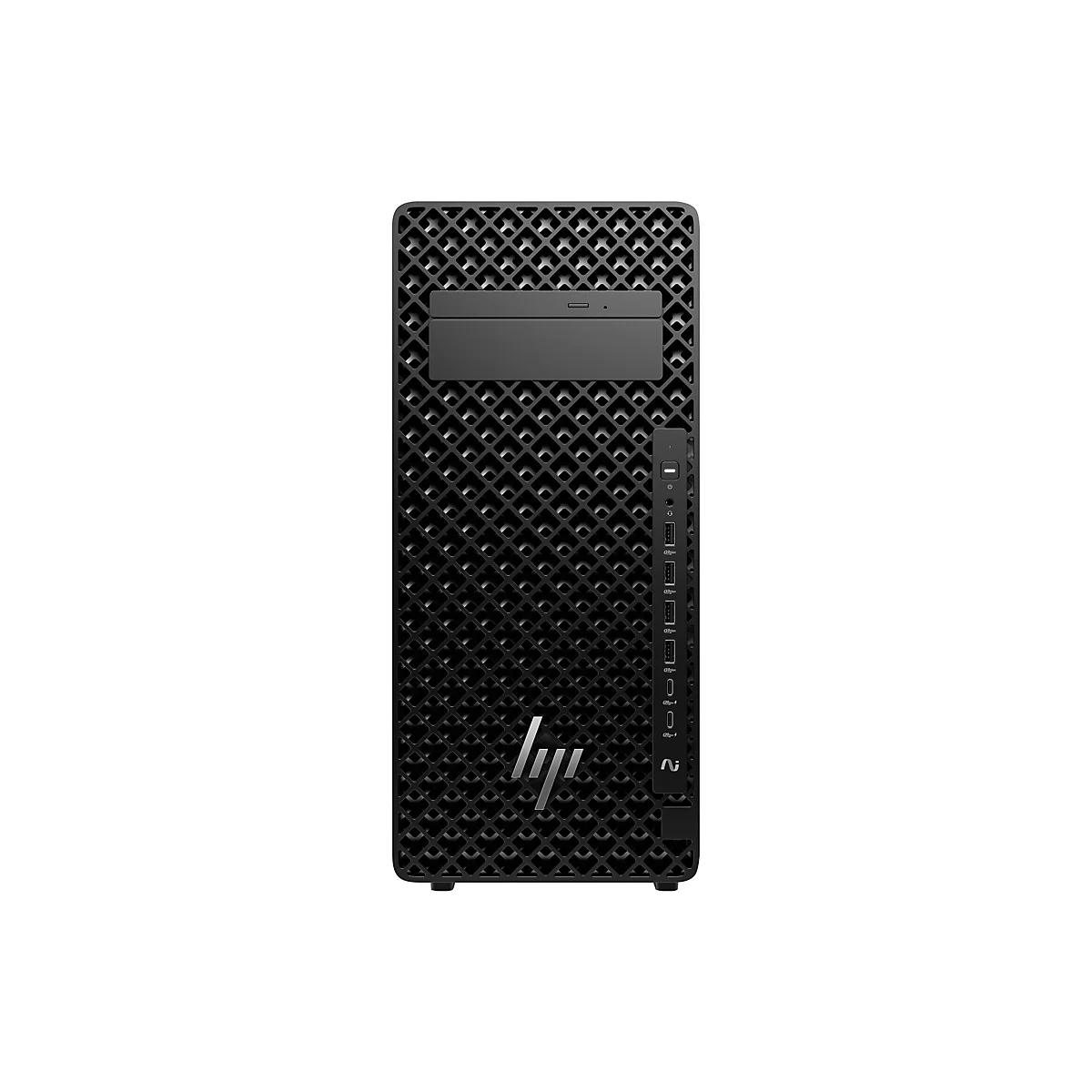 Schwarzer PC-Tower mit wabenförmigem Design, seitlichen Anschlüssen und HP-Logo.