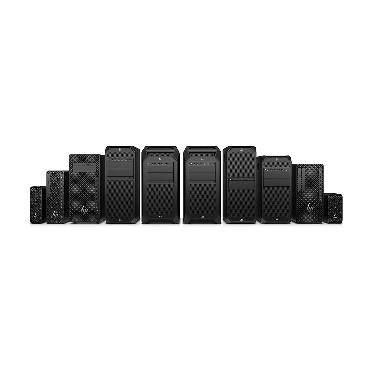 Verschiedene schwarze HP Workstations vor weißem Hintergrund. Sie haben unterschiedliche Größen und Formen.