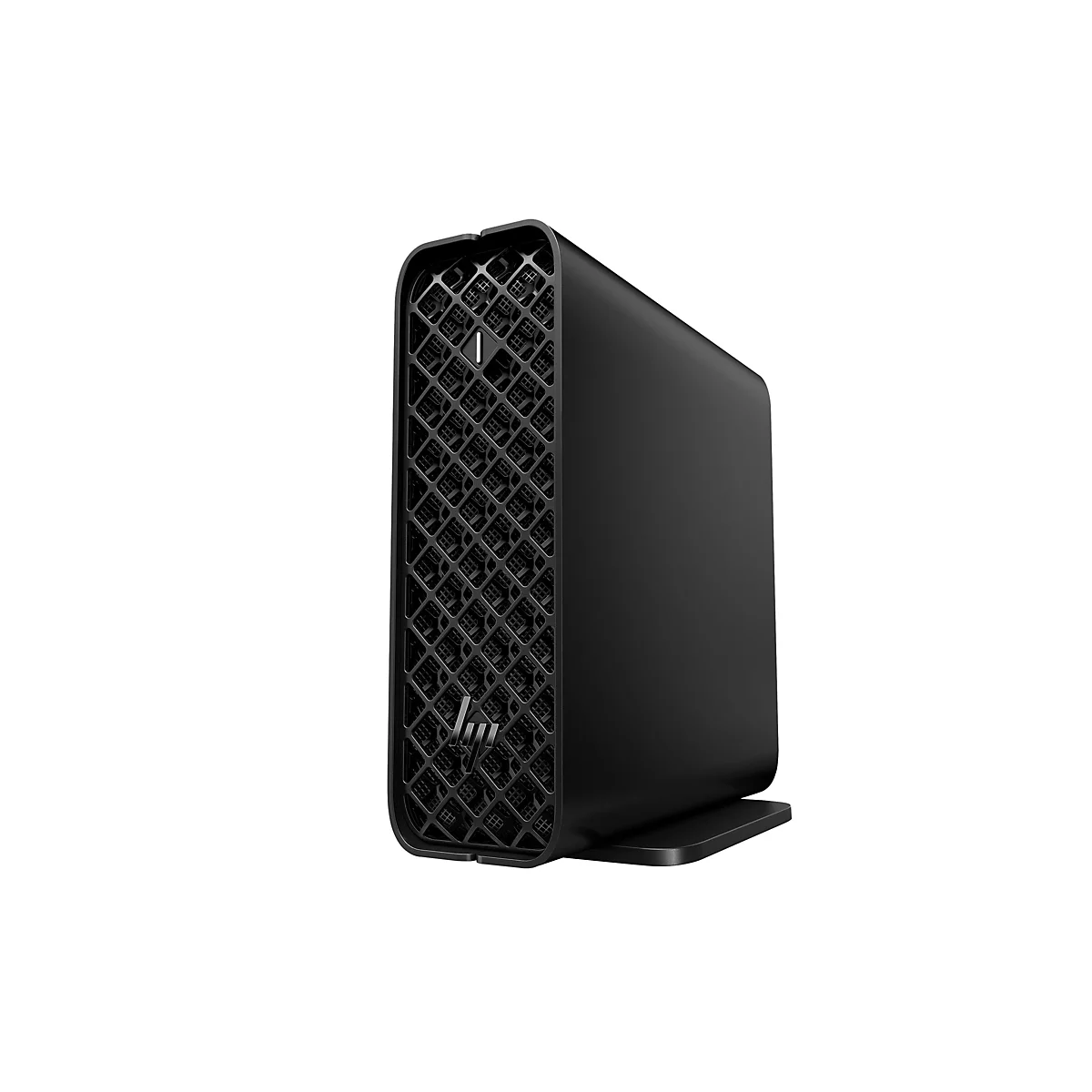Schwarzer, kompakter Desktop-PC mit Gittermuster und HP-Logo, auf einer flachen Standbasis.