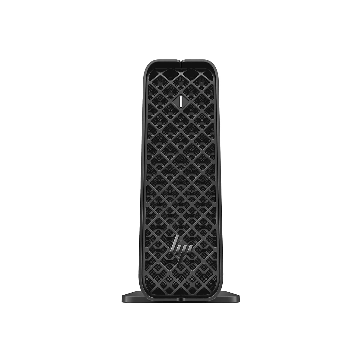 Ein schwarzer HP Mini PC vor weißem Hintergrund. Das Gehäuse hat ein Gittermuster. Unten ist das HP Logo.