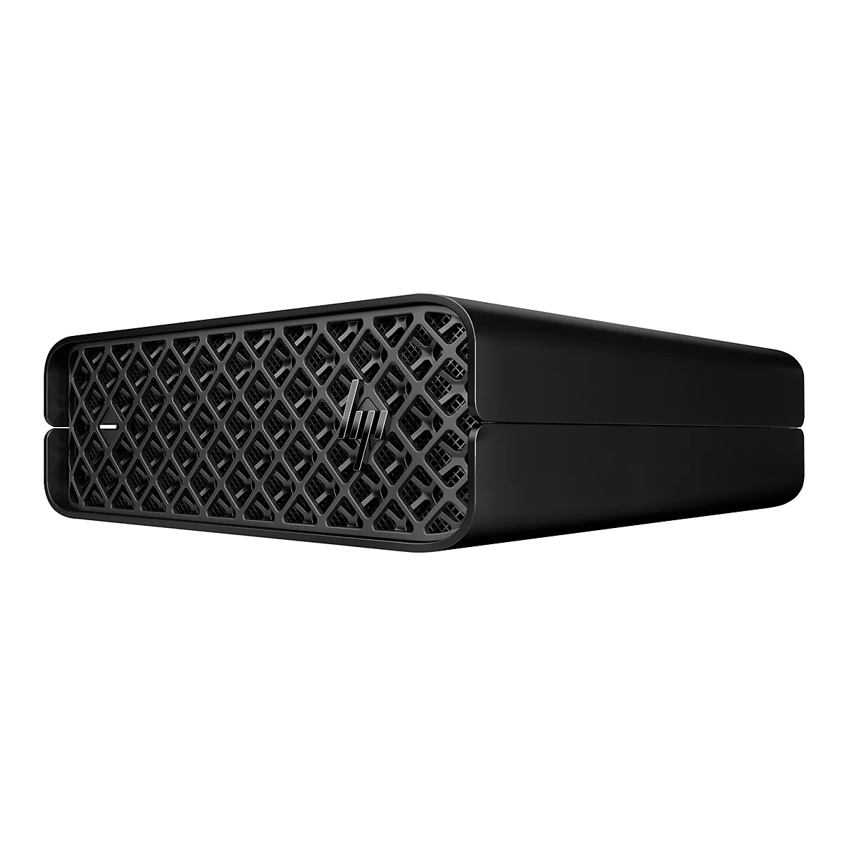 Schwarze, rechteckige HP-Computerkomponente mit einem wabenförmigen Gitter an der Vorderseite und dem HP-Logo.