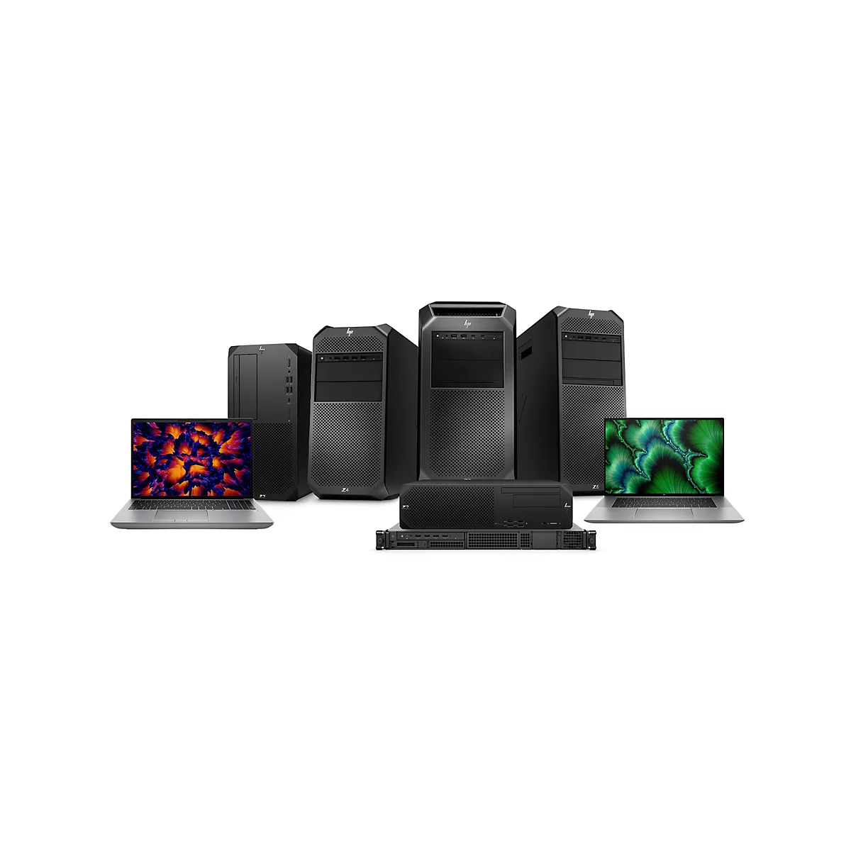 Verschiedene HP Workstations und Laptops vor weißem Hintergrund.