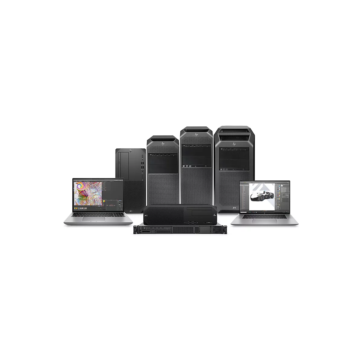 Eine Collage von HP-Workstations und Laptops, die auf weißem Hintergrund angeordnet sind.