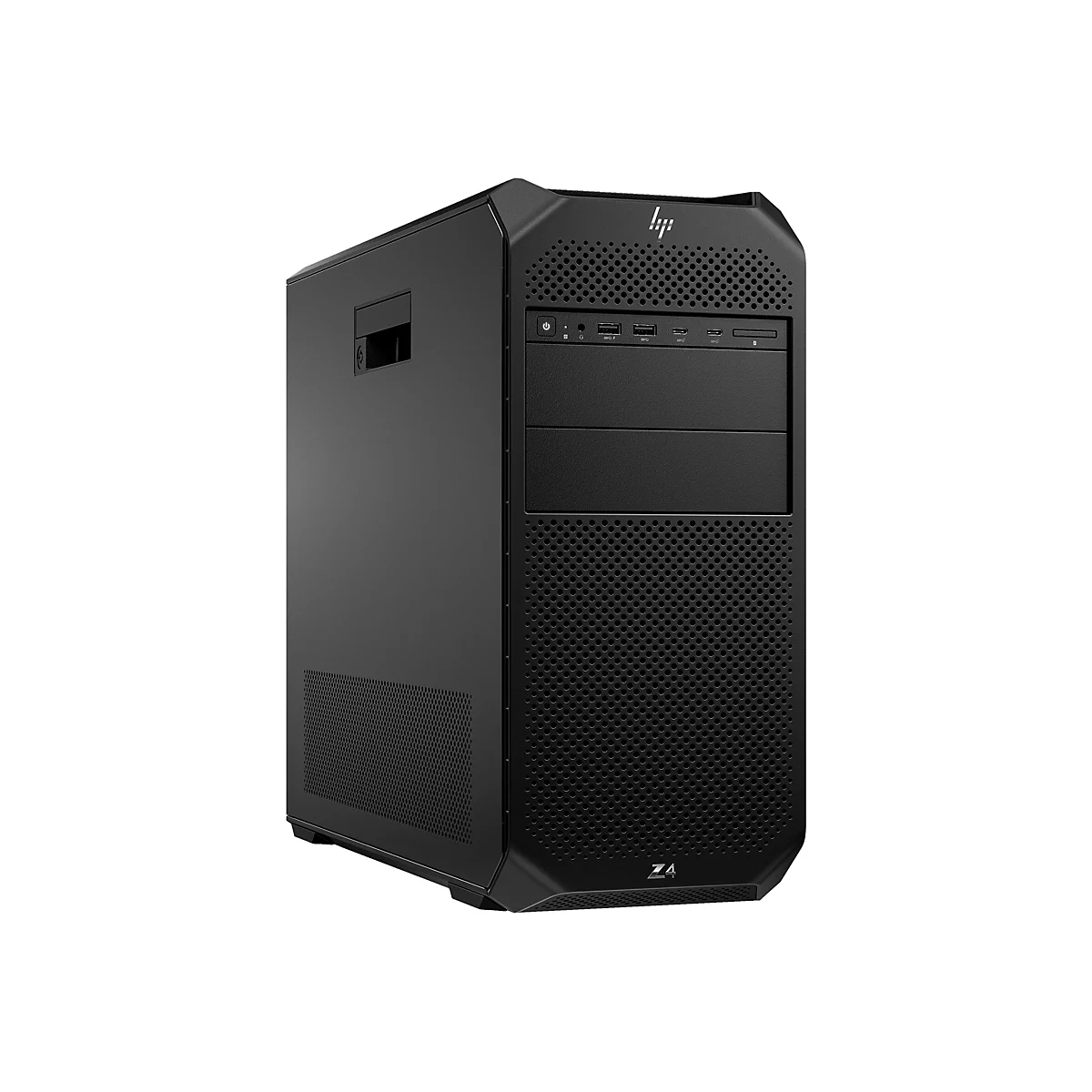 Schwarzer Desktop-PC mit Logo. Front mit Anschlüssen; USB, Audio, SD-Kartenleser. Der Z4-Schriftzug ist sichtbar.