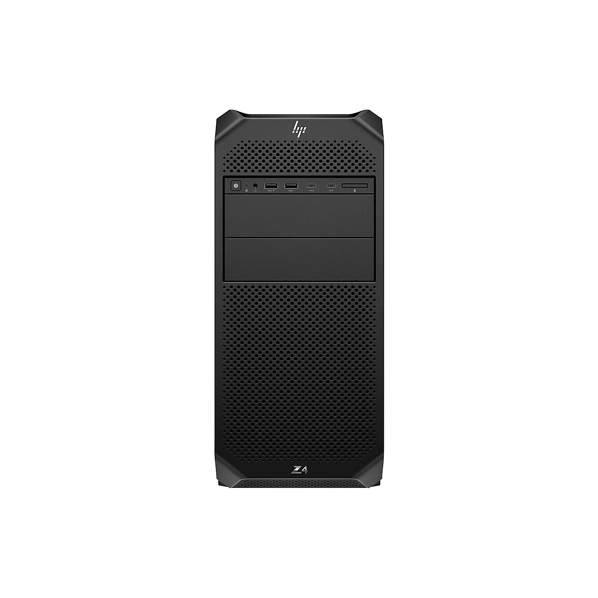 Schwarzer PC-Tower mit Lochmuster und HP-Logo. Oben befinden sich Anschlüsse für Peripheriegeräte.