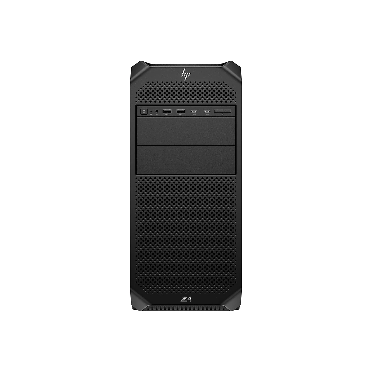 Schwarzer HP Z4 Tower-Computer. Die Front ist perforiert. Oben befinden sich Anschlüsse und ein HP-Logo.
