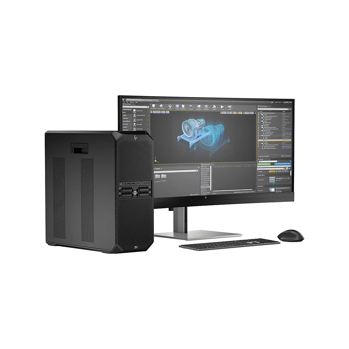 Ein schwarzer HP-PC mit Monitor, Tastatur und Maus. Auf dem Bildschirm ist eine technische Zeichnung zu sehen.