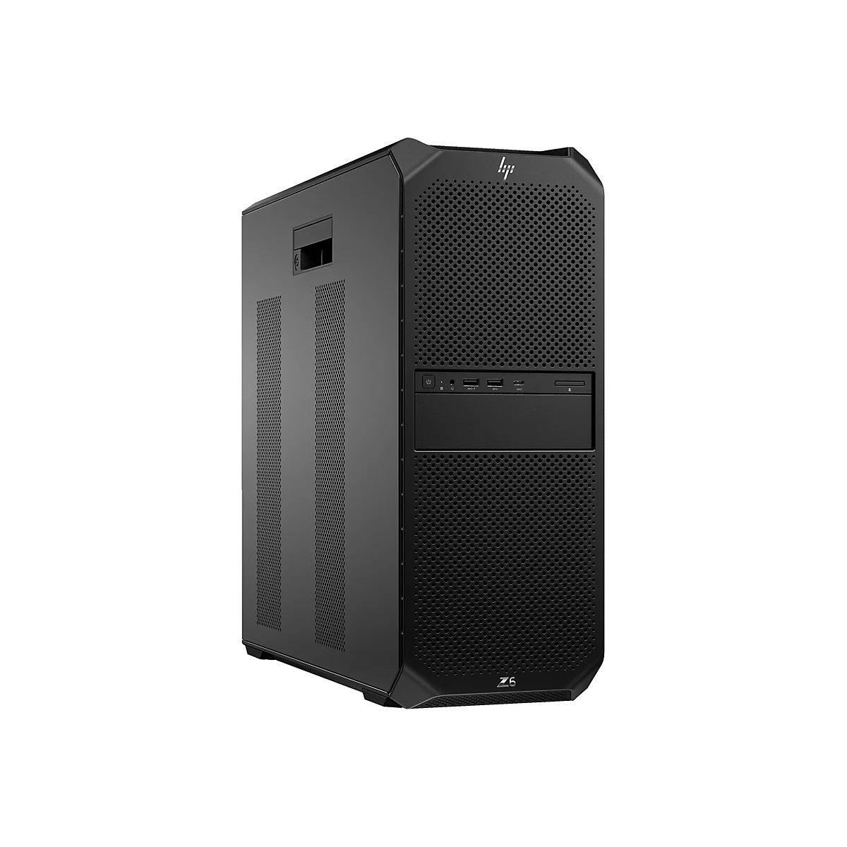 Schwarzer Desktop-PC mit HP-Logo und Frontblende. Z6-Schriftzug unten rechts.