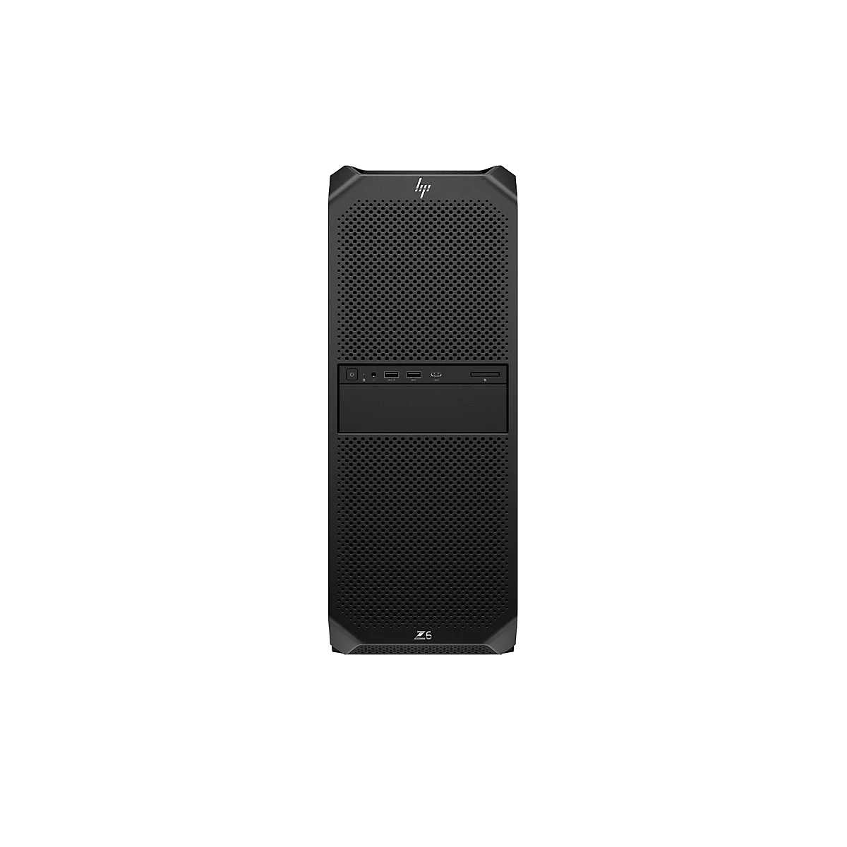 Schwarzer PC-Tower mit Perforierung, HP-Logo und diversen Anschlüssen.