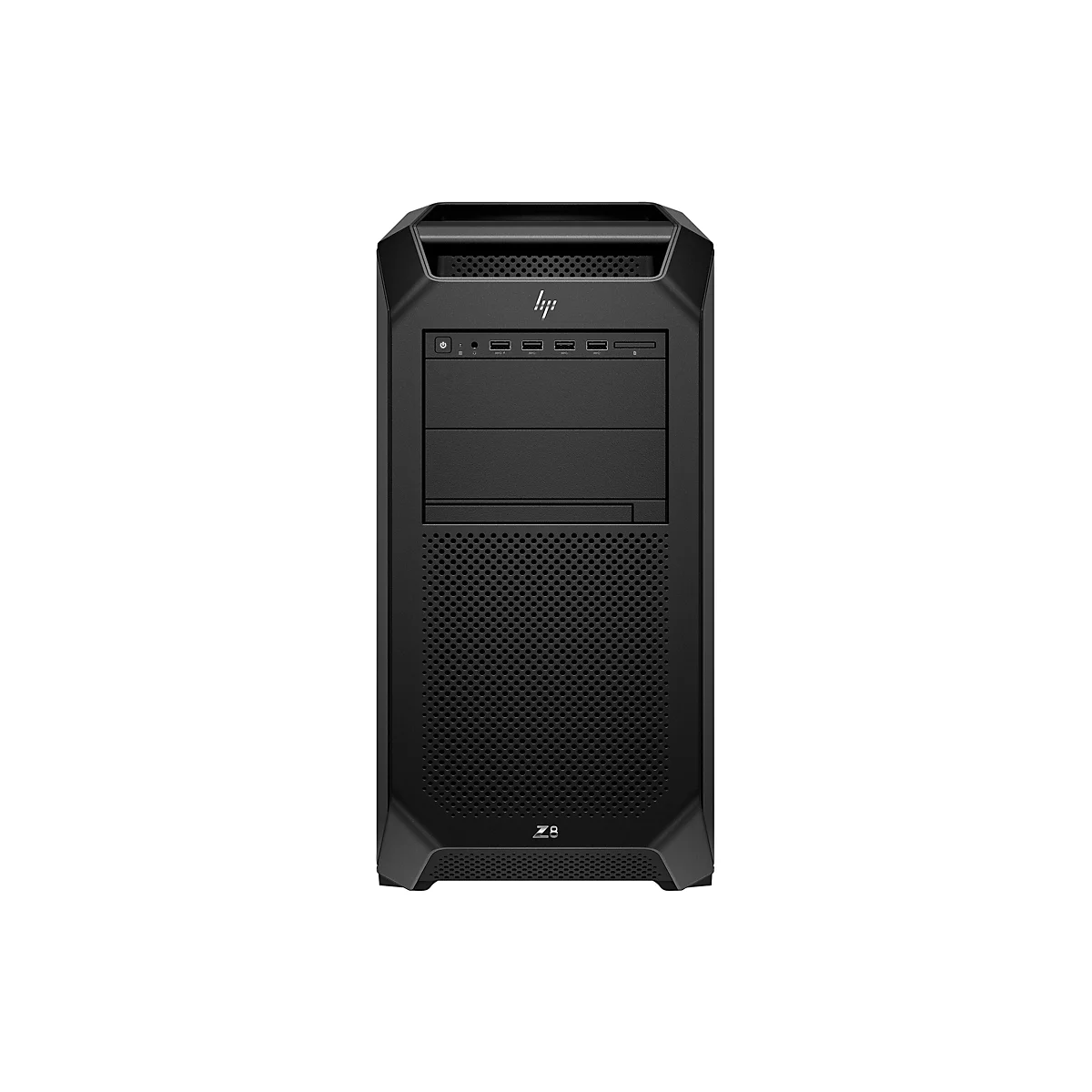 Schwarzer PC-Tower, Frontansicht, mit Logo und Anschlüssen. Auf weißem Hintergrund.