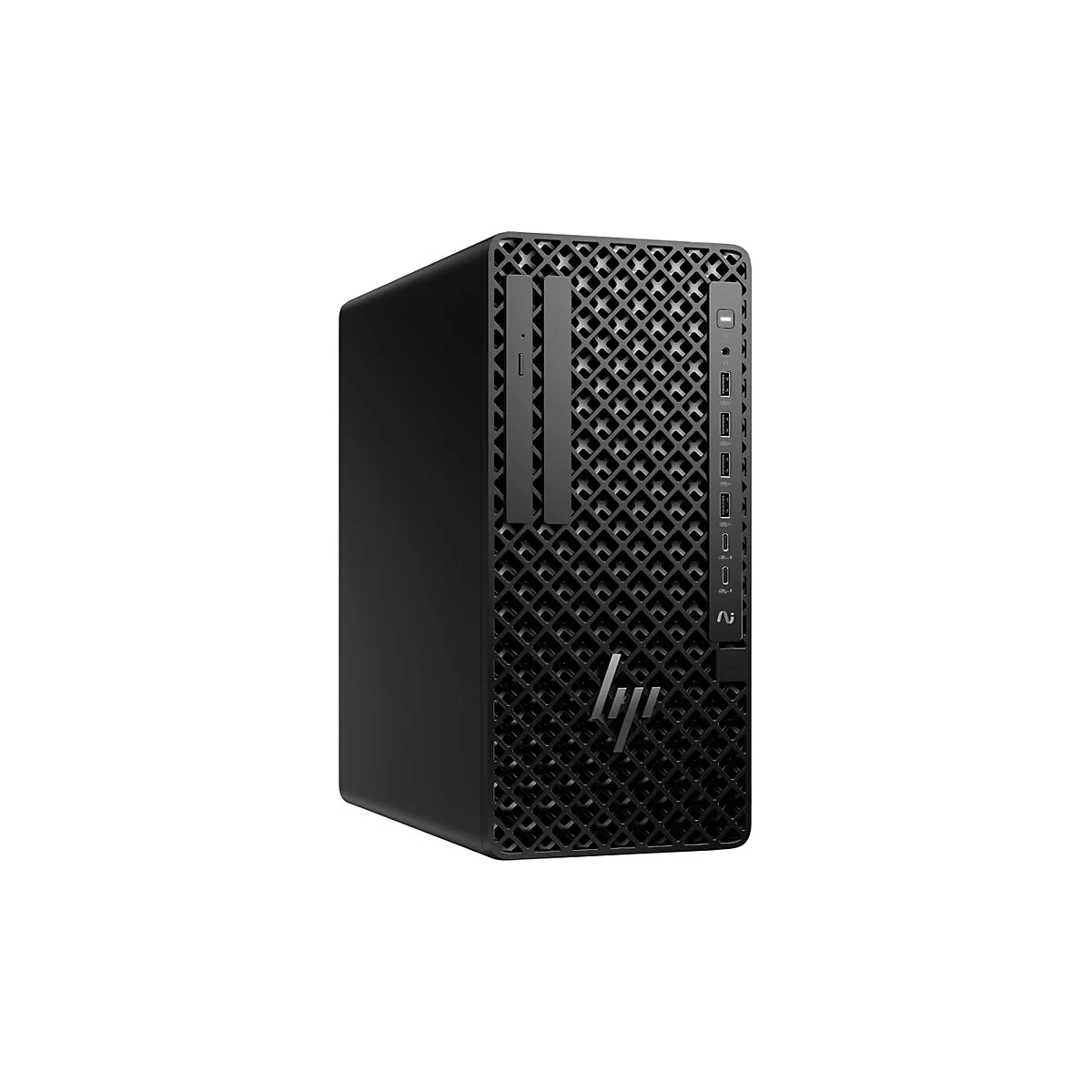 Schwarzer HP Desktop-PC mit gelochtem Design an der Front und HP Logo.