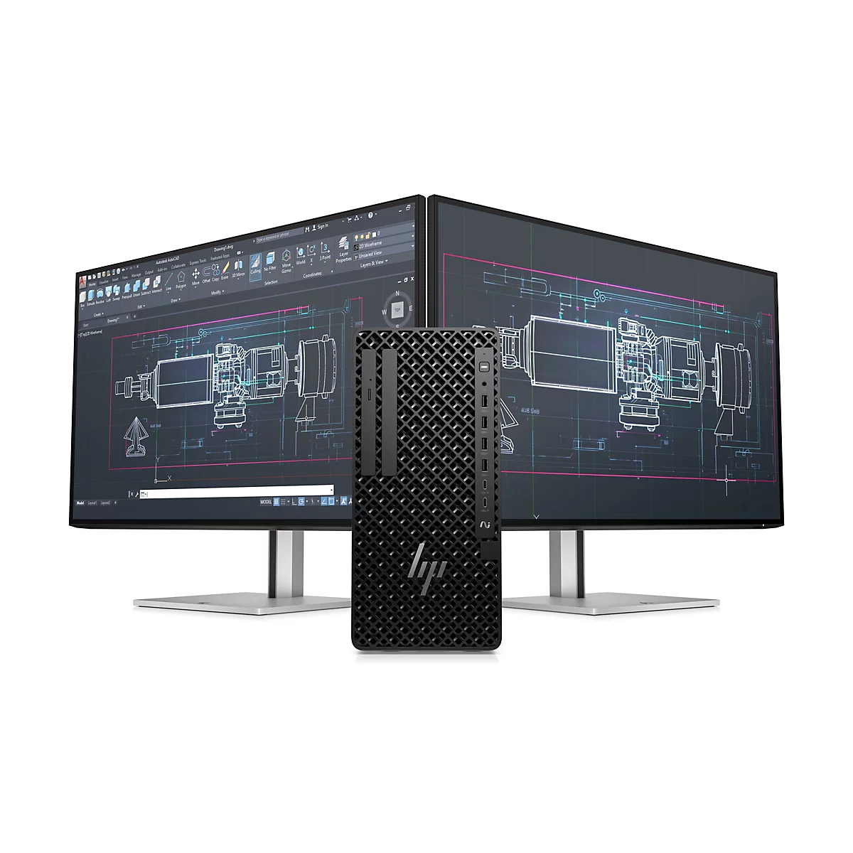 Ein schwarzer HP Desktop-PC steht zwischen zwei Monitoren, die technische Zeichnungen zeigen.