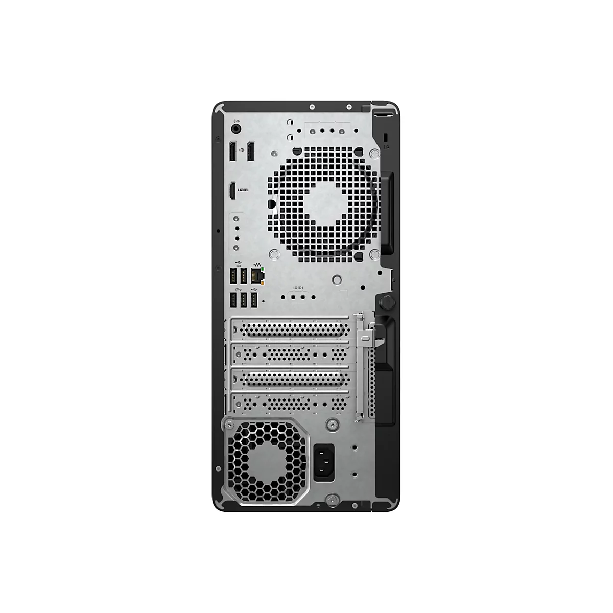 Rückseite eines silbernen PC-Gehäuses mit Lüfter, Anschlüssen und Steckplätzen. Der Text „HDMI“ ist sichtbar.