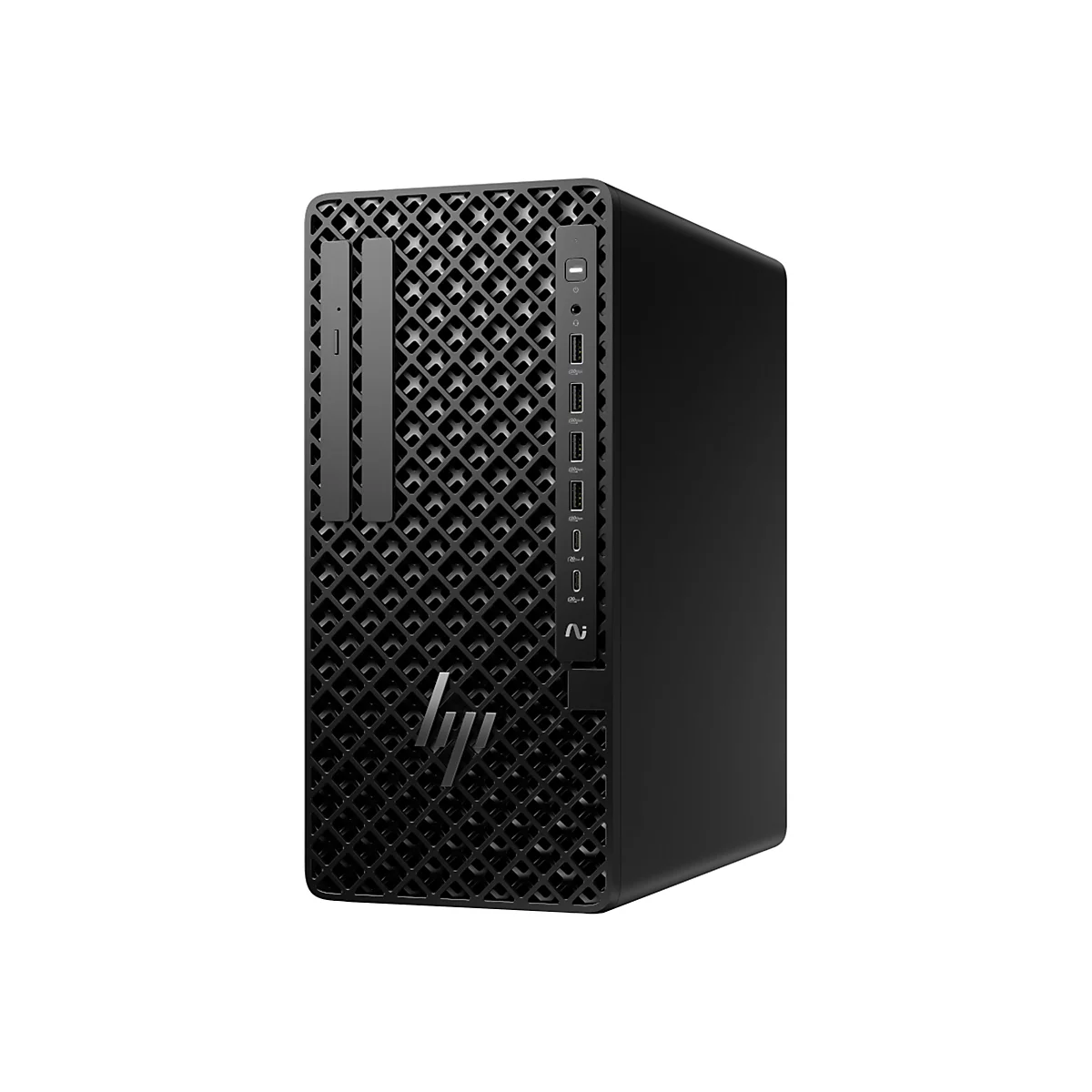 Schwarzer PC-Tower mit markanten Lüftungsschlitzen, HP-Logo. Oben USB-Anschlüsse.