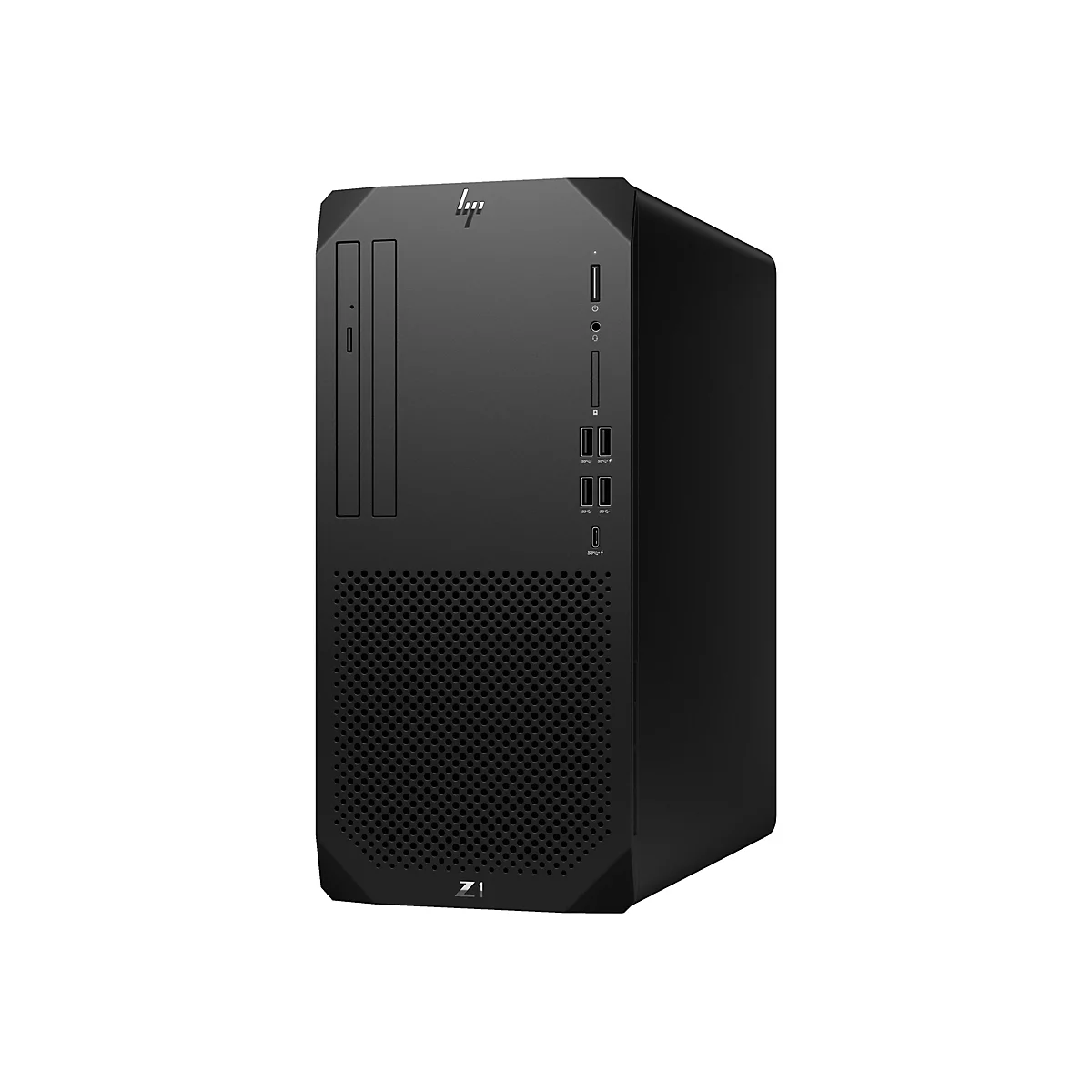 Ein schwarzer Computer Tower mit HP Logo. Auf der Vorderseite befinden sich ein Laufwerk, Anschlüsse und ein Lüftungsgitter. Der Hintergrund ist weiß.