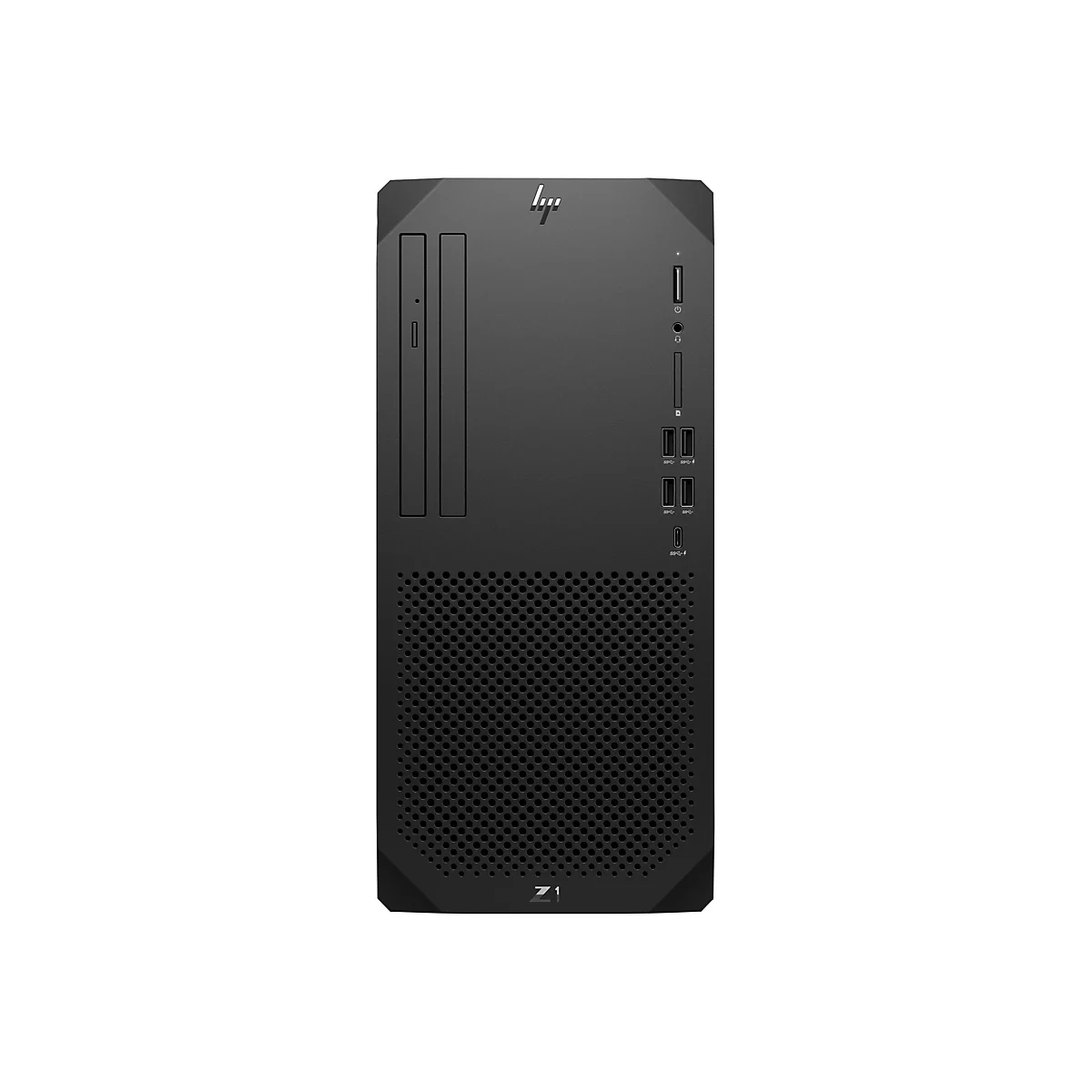 Schwarzer Desktop-PC mit Lüftungsgittern, Anschlüssen und HP-Logo, vor weißem Hintergrund.