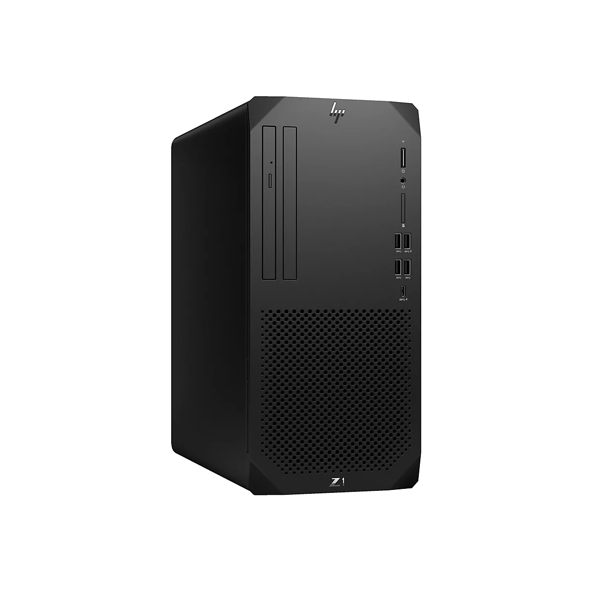 Schwarzer HP Z1 Tower-PC, Frontansicht. Oberhalb des perforierten Bereichs befinden sich Anschlüsse und Laufwerk.