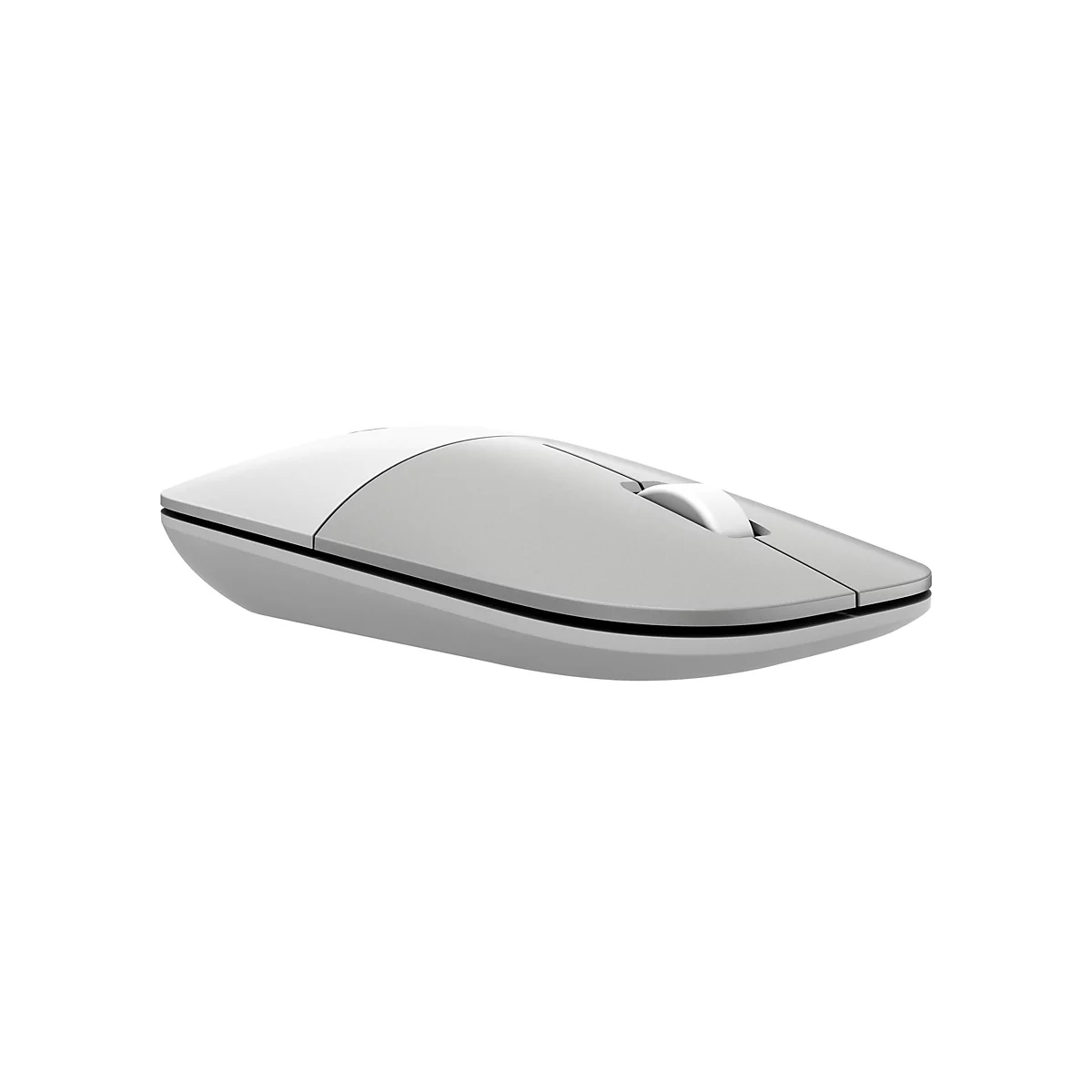Eine elegante, flache, graue kabellose Computermaus mit weißem Scrollrad vor weißem Hintergrund.