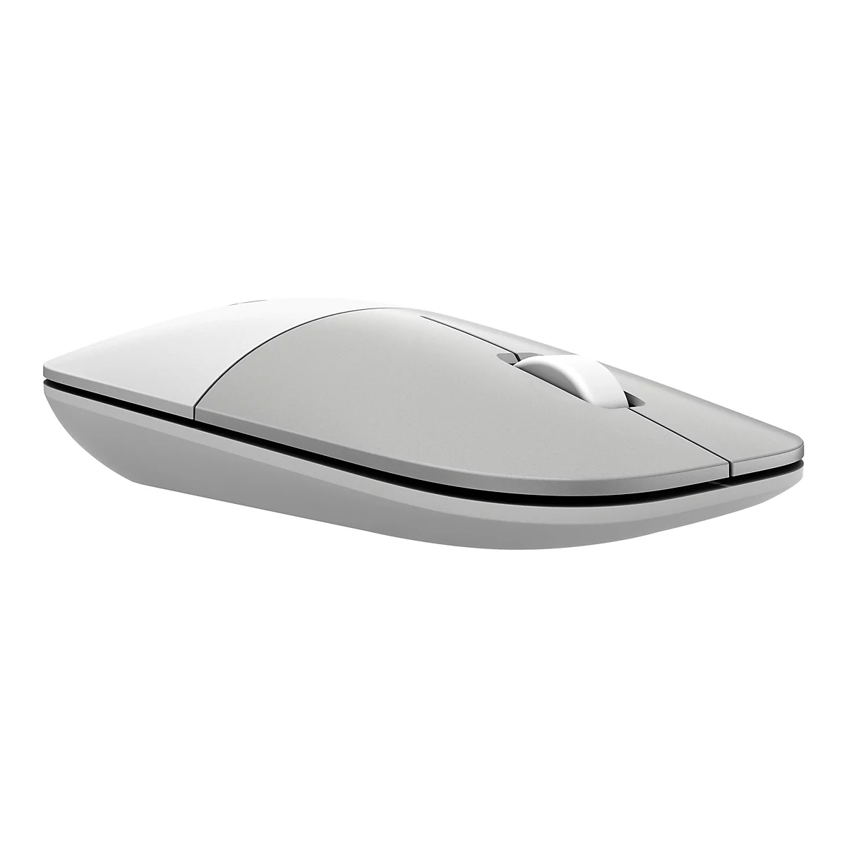 Flache, graue Computermaus in minimalistischem Design vor weißem Hintergrund.