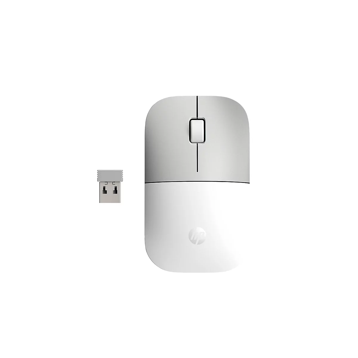 Draufsicht einer silbernen kabellosen HP-Maus mit zugehörigem USB-Empfänger auf weißem Hintergrund.