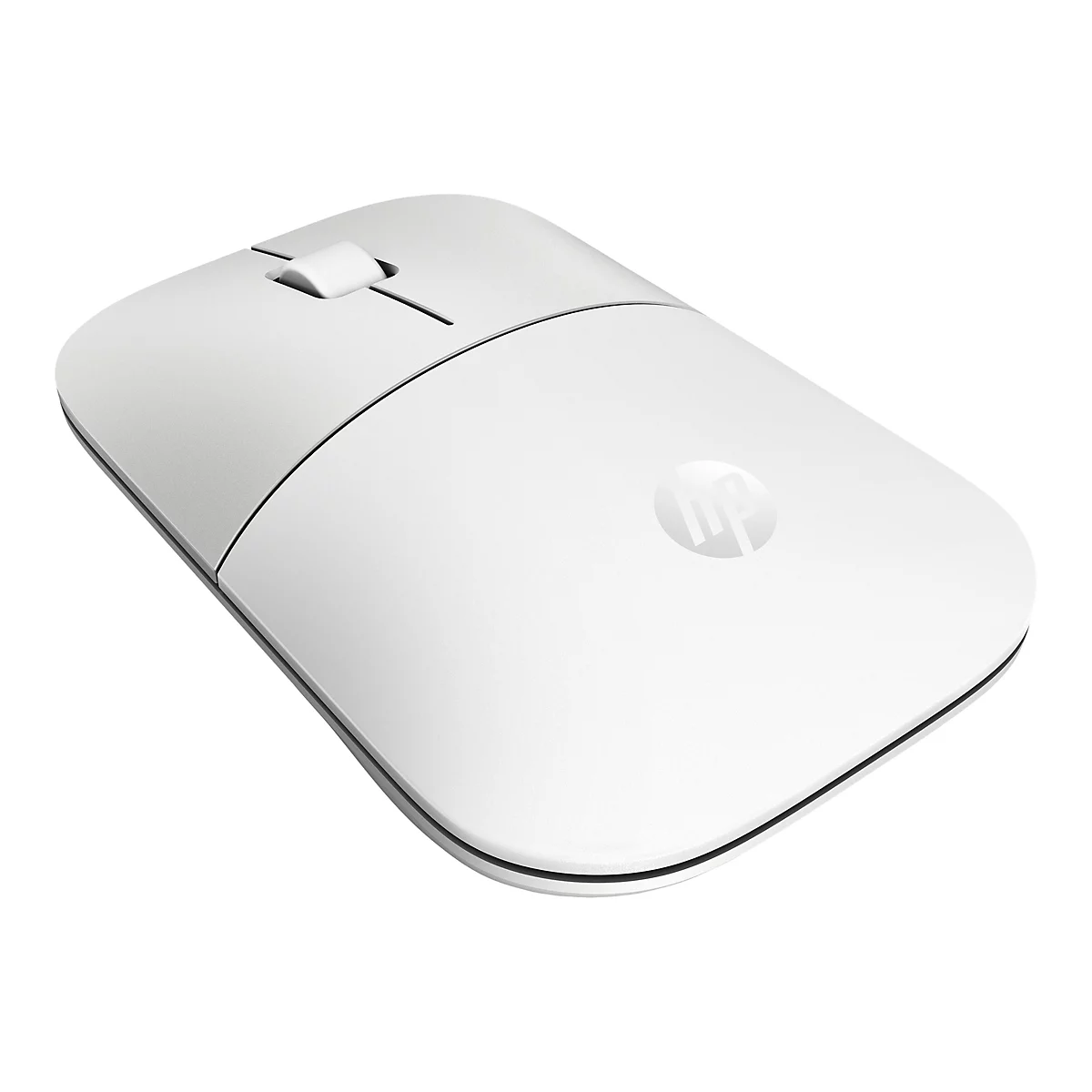 Weiße, flache HP Computermaus in Draufsicht auf weißem Hintergrund.