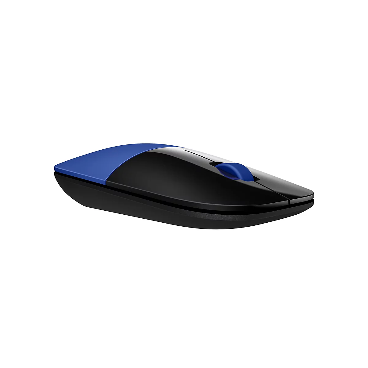 Drahtlose Maus mit schwarzem Gehäuse und blauem Oberteil, auf weißem Hintergrund.
