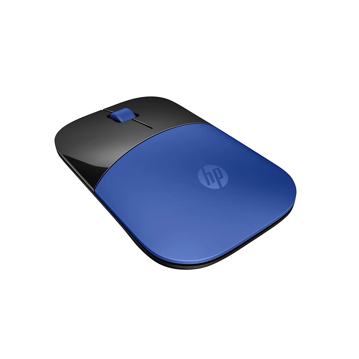 Blau-schwarze HP-Maus auf weißem Grund. Das HP-Logo ist zu sehen.