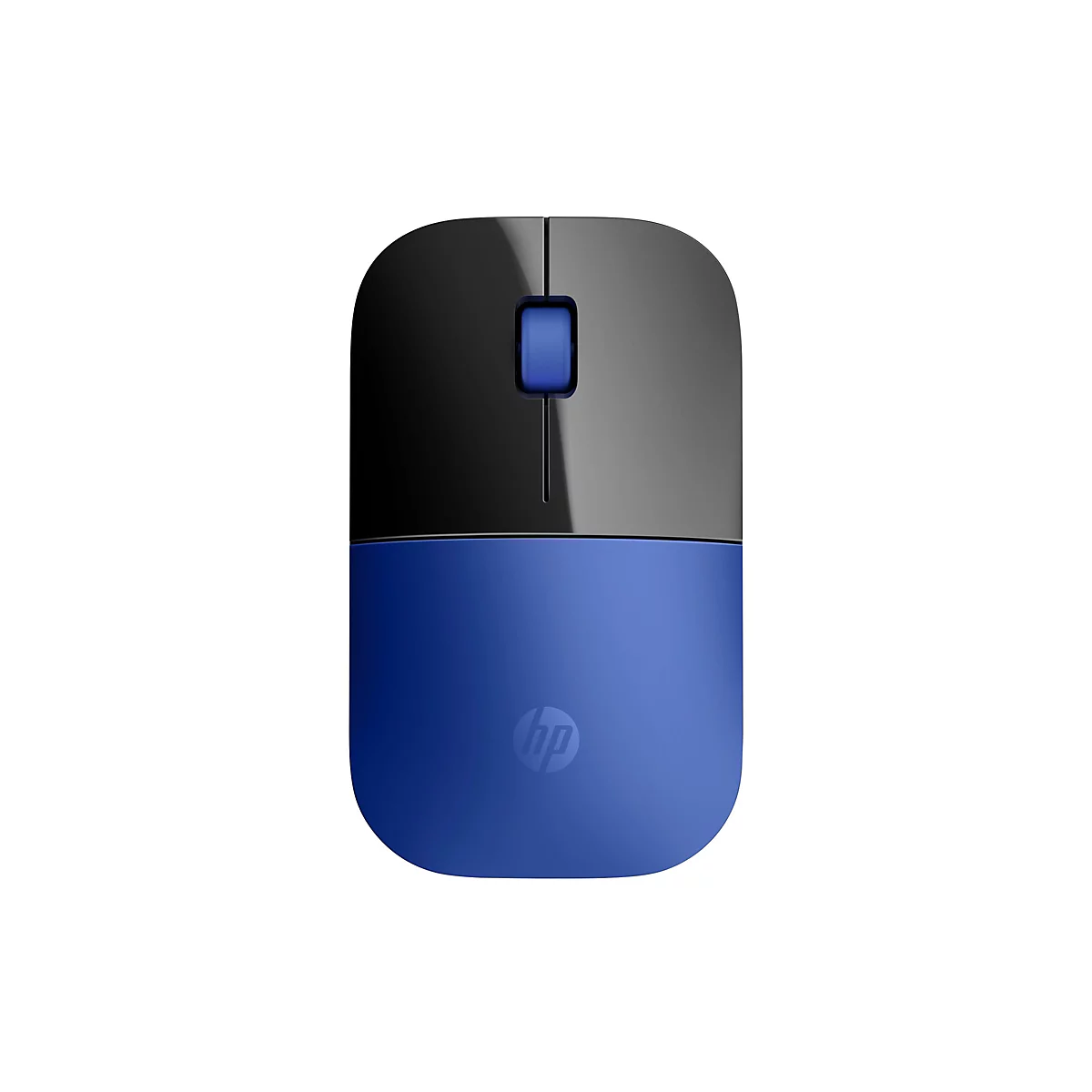 Kabellose Computermaus in Schwarz-Blau. Schwarzer oberer Teil mit blauem Scrollrad, blauer unterer Teil mit HP Logo.
