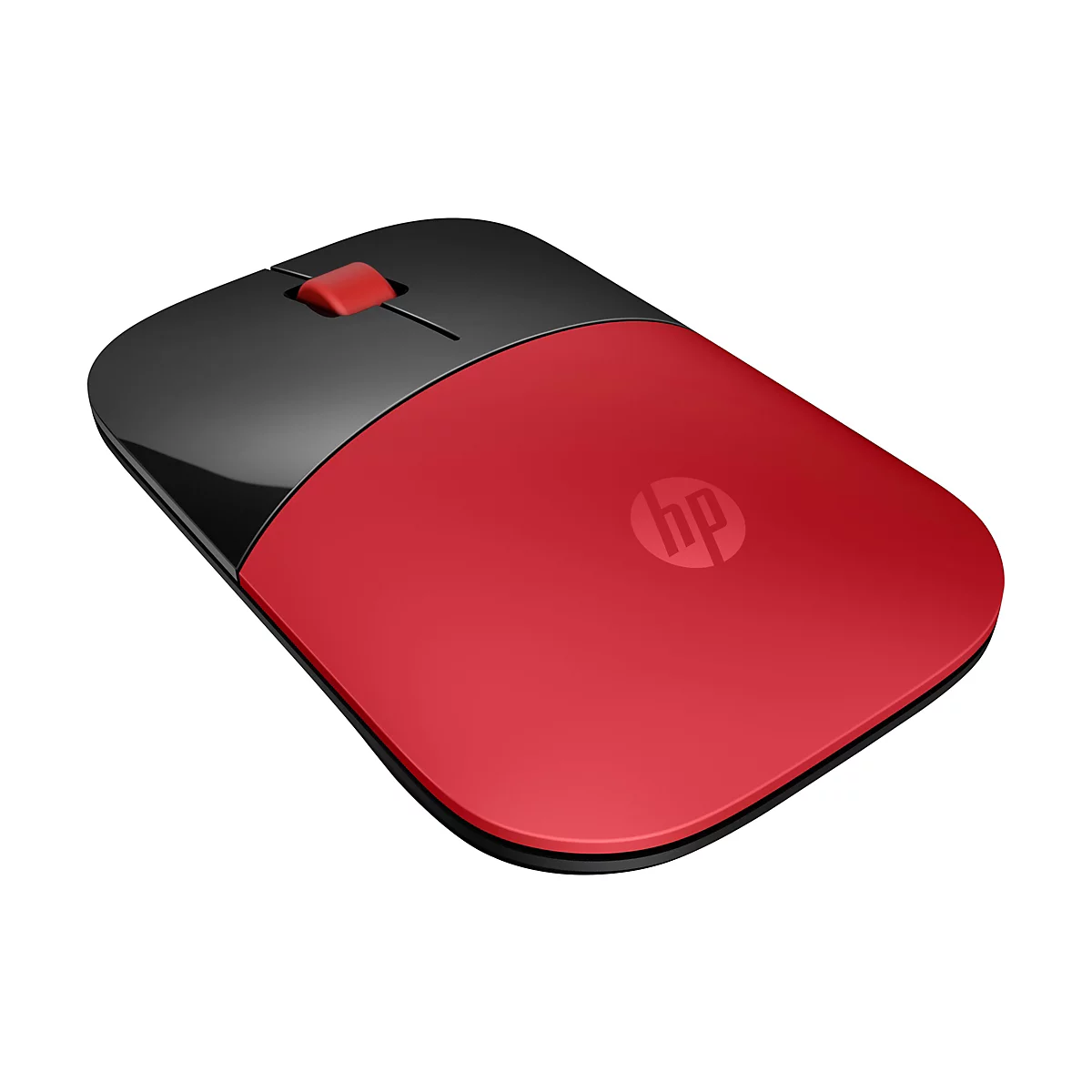 Eine kabellose HP Maus, zweifarbig in Schwarz und Rot. Die Maus hat ein rotes Gehäuse mit dem HP Logo und eine schwarze Oberseite mit Scrollrad.