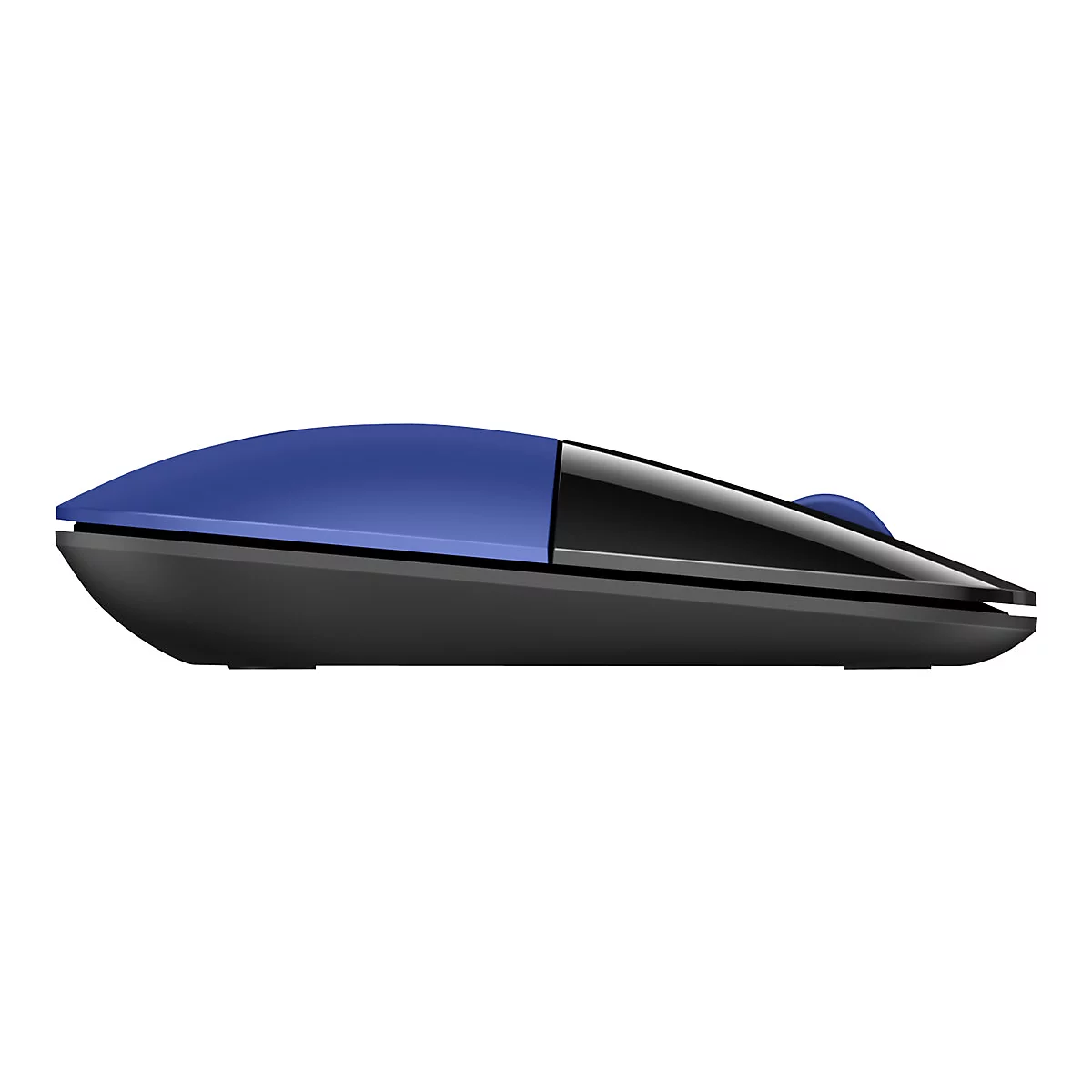 Seitliche Ansicht einer modernen, flachen Computermaus in Blau und Schwarz mit glänzendem Finish.