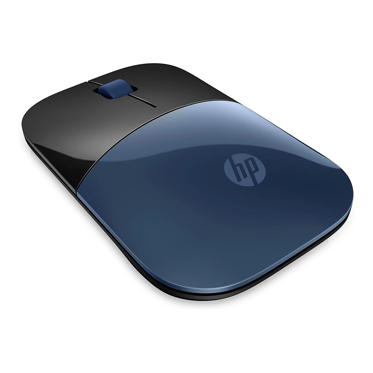 Draufsicht auf eine flache, schwarz-blaue kabellose HP-Maus auf weißem Hintergrund.