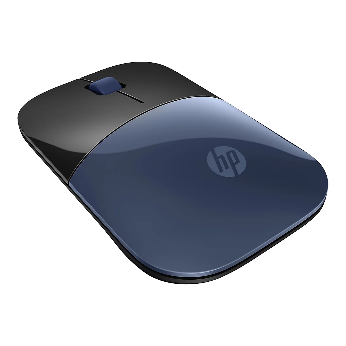 Blaue HP Funkmaus mit schwarzem Vorderteil auf weißem Hintergrund.