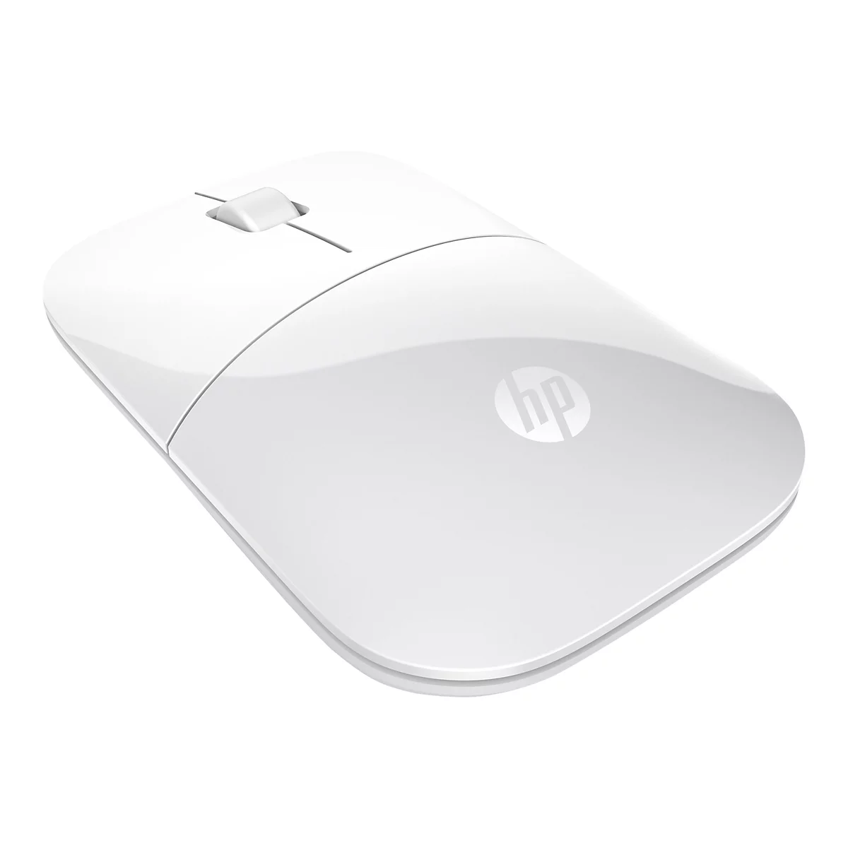 Weisse kabellose Maus von HP mit Scrollrad, HP Logo.